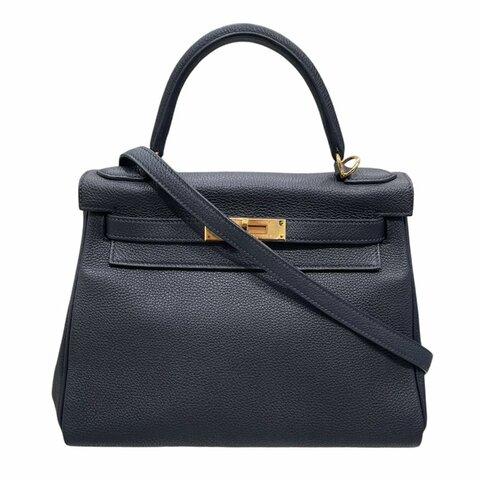 HERMES 愛馬仕 KELLY 28 內縫 手提包 皮革 深藍色 金釦