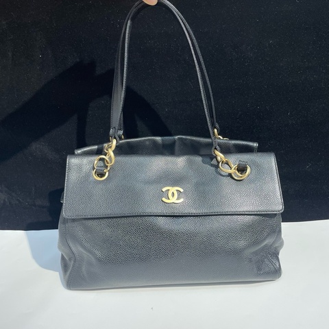 Chanel香奈兒 中古 黑金 牛皮 奶粉包 單肩包 尺寸約29x20x10cm