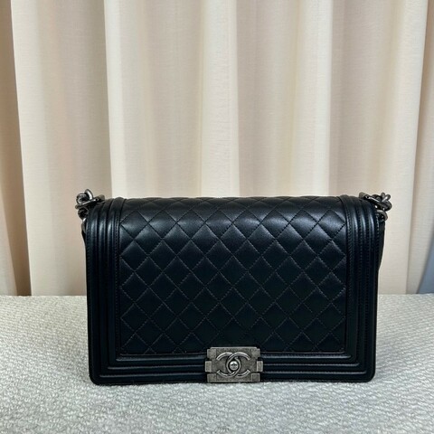 CHANEL Leboy黑銀鏈條包 經典菱格紋 羊皮 黑銀