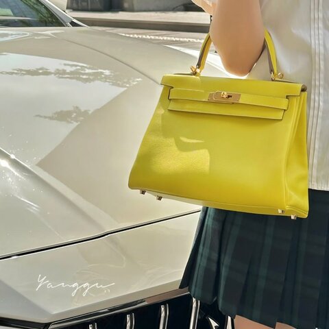 HERMES 檸檬黃金扣kelly28  手提肩背斜背包 28*20*11 98新配件塵袋鎖鑰匙