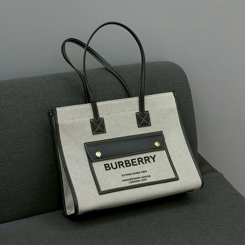 BURBERRY Freya小號雙色帆布皮革芙雷雅托特包