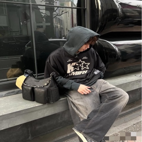 99新LV路易威登Hobo Cargo 壓紋圖案 多個口袋 Shadow小牛皮 單肩包 男款 黑色