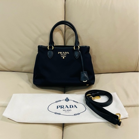 Prada 普拉達 經典尼龍托特包/肩背包/深藍黑色/95新美品