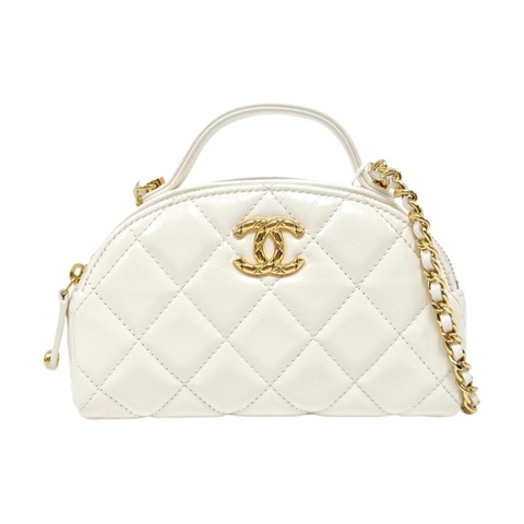 CHANEL 白色牛皮菱格紋絎縫單肩包手提包 金色五金