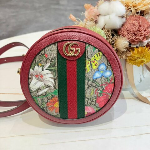 *SHIHNA名牌精品*GUCCI 經典紅色Ophidia花卉圓餅後背包