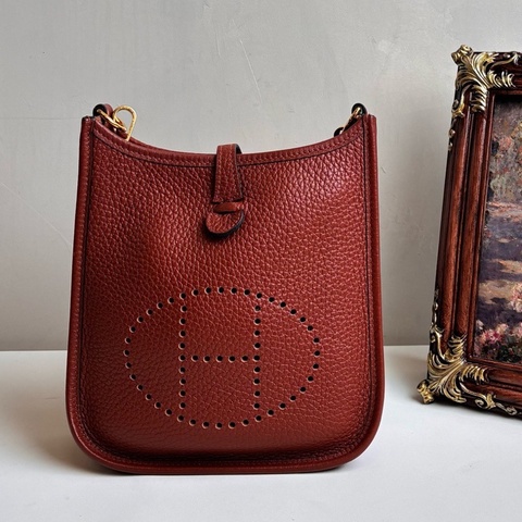 Hermes/愛馬仕 mini 伊芙琳evelyne 紅棕色金扣U刻 98新