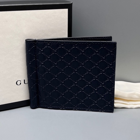GUCCI 古馳深藍色壓花短款對折卡包
