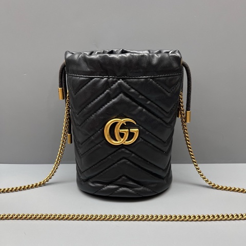 GUCCI 古馳黑色marmont抽繩水桶包