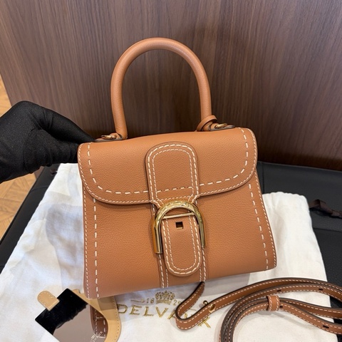 Delvaux德爾沃 金棕色mini brillant金扣外縫線手提包斜挎包 底長20cm