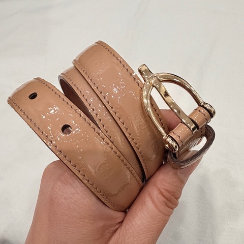 Gucci GG 漆皮 皮帶 裸粉 80cm