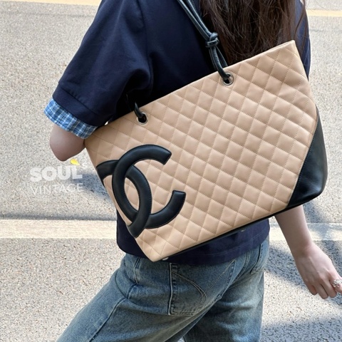Chanel • 經典康鵬奶茶色拼黑色托特包 大號 🈶原廠塵袋