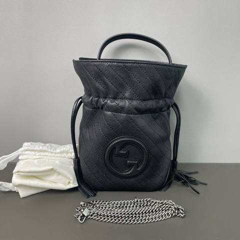 【威選精品】🖤 Gucci Blondie 黑色全皮抽繩小水桶福袋包