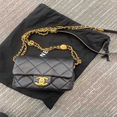 Chanel 黑金荔枝皮金幣方胖子芯片款