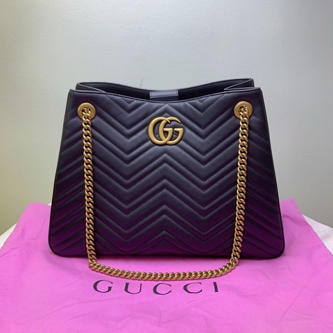 閒置新 Gucci古馳GG Marmont托特包 黑色全皮水波紋 金扣雙Glogo 尺寸 37*27cm