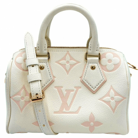 路易威登女士單肩斜背包，雙色Monogram Empreinte Speedy Bandoulière 20迷你手提包，LOUIS VUITTON M46875，奶油粉色配金色五金