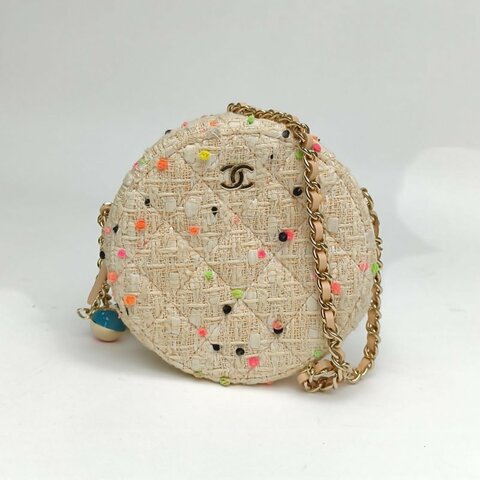 CHANEL 圓餅包經典Mini裸色粗花呢金扣彩色糖豆肩背包
