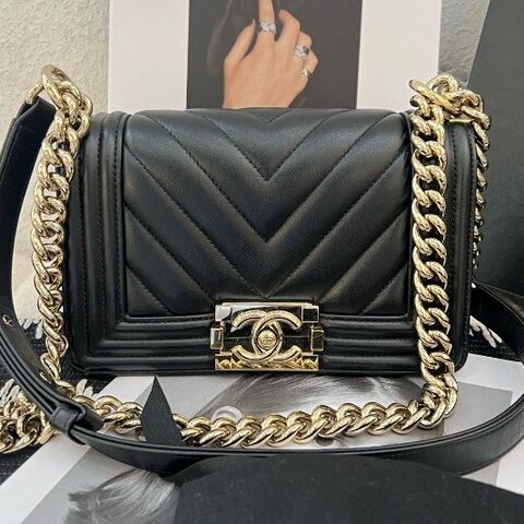 近新品 香奈兒/Chanel Leboy黑金牛皮小號鏈條包