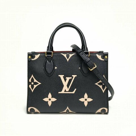 LOUIS VUITTON Onthego小號25黑白牛皮金扣晶片老花壓紋肩背包