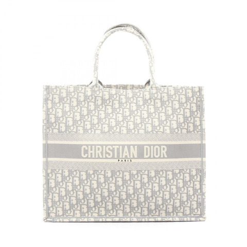 Dior BOOK TOTE 大斜紋刺繡手提包 帆布 白色 灰色 二手 女士