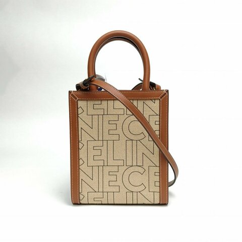CELINE 棕色牛皮帆布Cabas豎款手袋Mini斜挎包肩背包