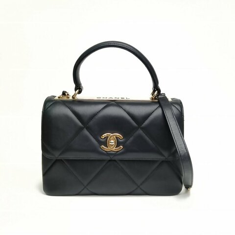 CHANEL TrendyCC手提風琴包小號黑色羊皮28開金扣肩背包