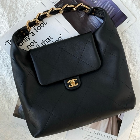 Chanel 25K黑金hobo嬉皮包大號 單肩包腋下包手提包 芯片款 底長35cm