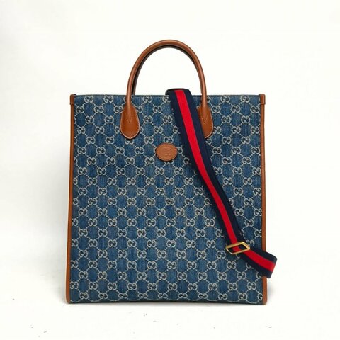 GUCCI 藍色帆布金扣琴譜tote肩背包