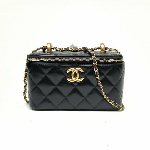 CHANEL 化妝包長盒子雙金珠皮穿鏈黑色牛皮金扣肩背包