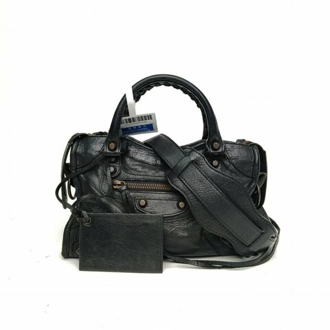 BALENCIAGA CityMini24機車包黑色羊皮鎢鋼扣肩背包