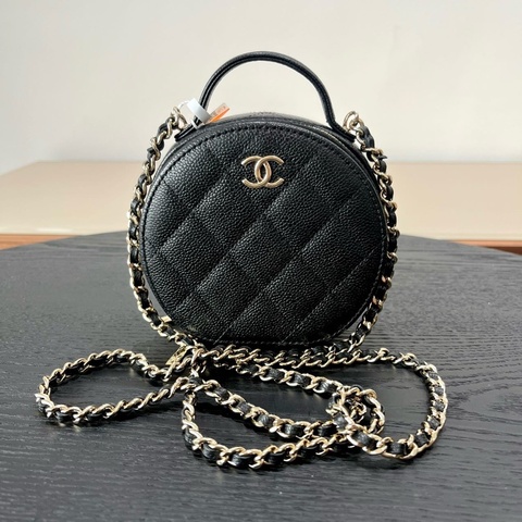 Chanel香奈兒 黑金荔枝紋牛皮手柄圓餅包鏈條包手提包斜挎包