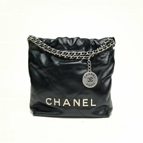 CHANEL 22BagTote托特包Mini黑色牛皮晶片銀扣肩背包