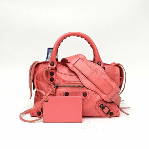 BALENCIAGA CityMini24機車包粉色羊皮鎢鋼扣肩背包