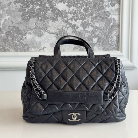 Chanel 香奈兒 黑銀羊皮雙子星2way手提包單肩包機場包