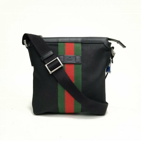 GUCCI 拼色帆布銀扣紅綠織帶斜挎包肩背包