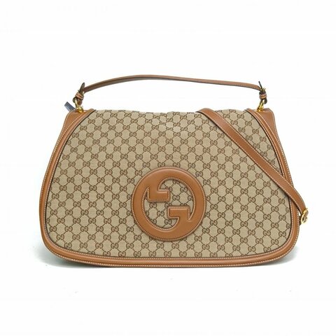 GUCCI 棕色帆布金扣Blondie雙G老花手提斜挎大包肩背包