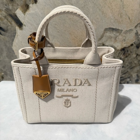Prada自然色亞麻質混紡Tote 小