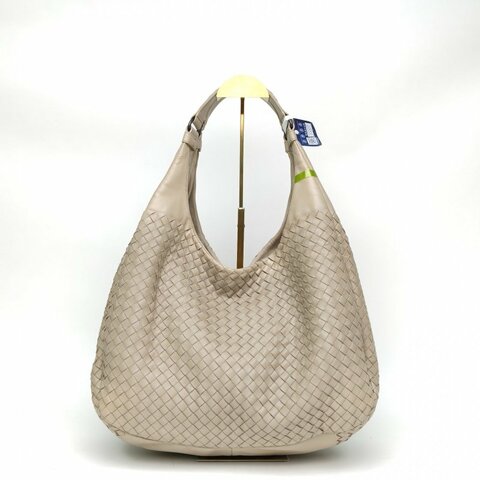 BOTTEGA VENETA 淺灰色羊皮黑扣雙橋編織托特包肩背包