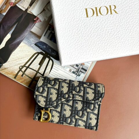 ::DIOR:: 金屬D字 Saddle Bloom Dior Oblique 經典藍色緹花卡夾