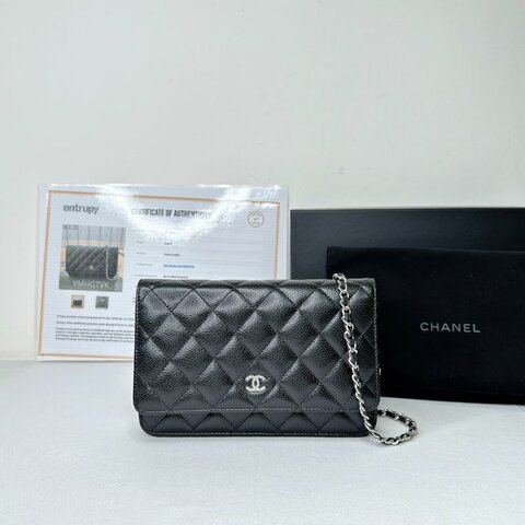 CHANEL 黑銀荔枝皮woc鏈帶包