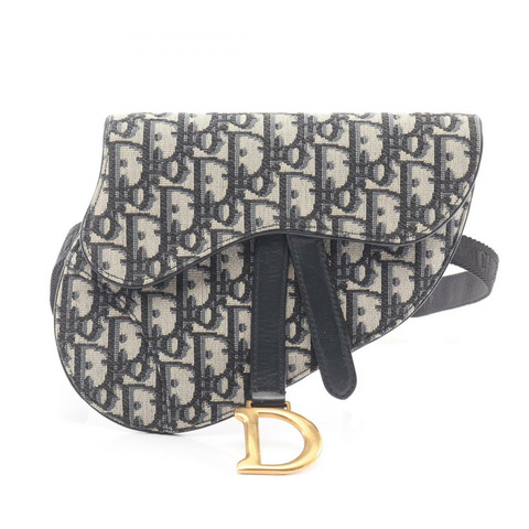 Dior 馬鞍形平腰帶斜紋提花帆布皮革腰包 米色 海軍藍 二手