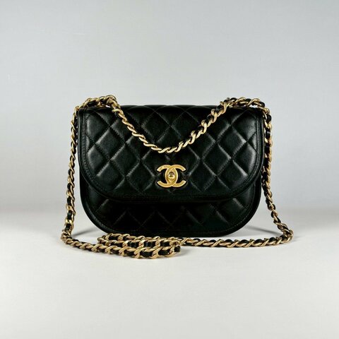 CHANEL 黑色 小牛皮 菱格 霧金鍊 二用 馬鞍包 AS4845