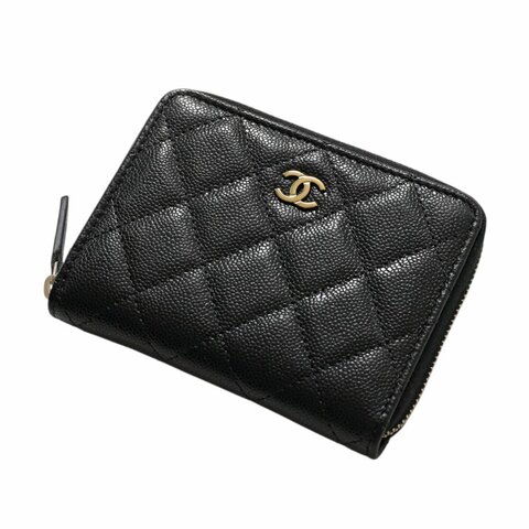 【CHANEL 香奈兒】CC logo 荔枝皮革 拉鍊 對開 皮夾 卡夾 短夾 錢包 黑色 金扣 AP4652