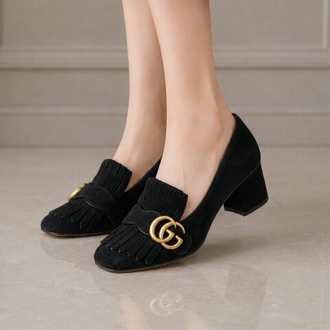 Gucci 黑色 麂皮 流蘇 金色GG 學院風 樂福鞋 6CM 中跟鞋 38號