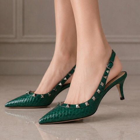 VALENTINO 墨綠色 蟒蛇皮 尖頭 鉚釘 細綁帶 6CM 高跟鞋 包鞋 38號