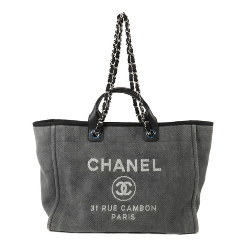 CHANEL 帆布Deauville Tote Medium鏈帶手挽肩背兩用袋