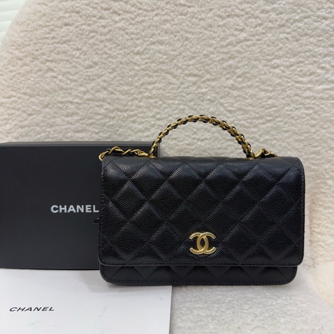 Chanel 黑金荔枝紋牛皮鏤空雙C 手柄woc