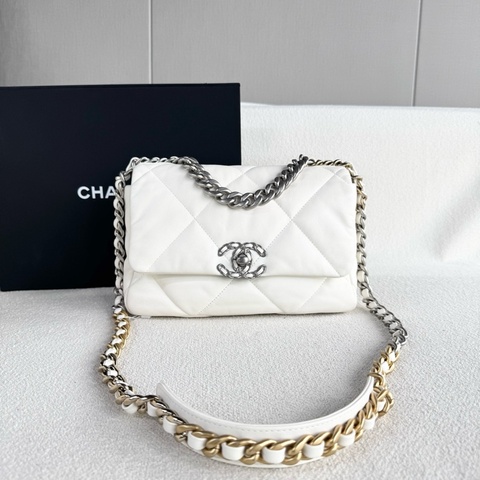 Chanel香奈兒白金19bag小號手提包單肩包斜挎包 芯片款 白色銀扣 羊皮