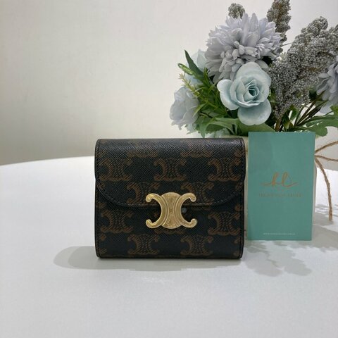TW4911	Celine 思琳小號經典花紋三摺銀包 Small Triomphe Wallet Canvas Tan x GHW