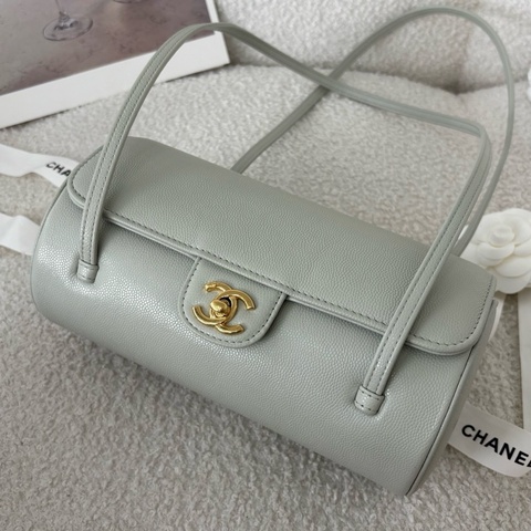 💚CHANEL香奈兒 26P長手柄保齡球包荔枝紋手提包單肩包小號淺綠色芯片款