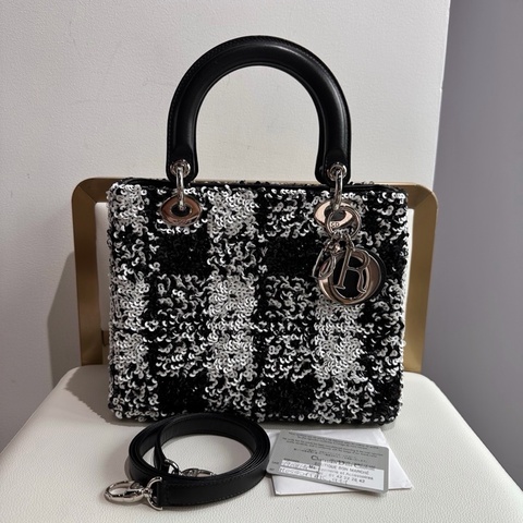 【威選精品】🖤 DIOR Lady Dior 秀場限定重工黑白亮片刺繡 五格黛妃包
